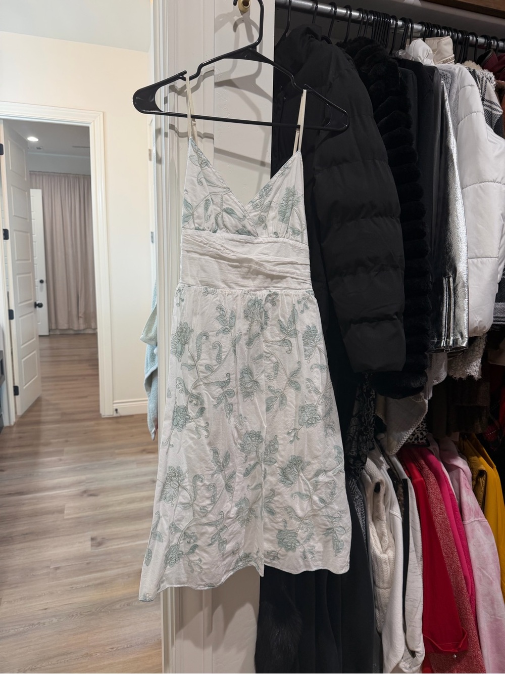 Max Studio White Mini Dress with Sage Floral Embroidery